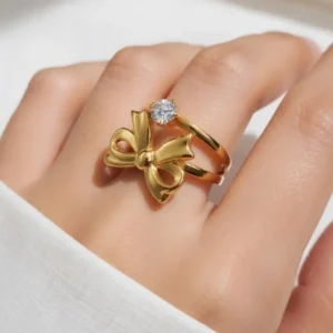 Gold Bow Ring with Crystal Stone