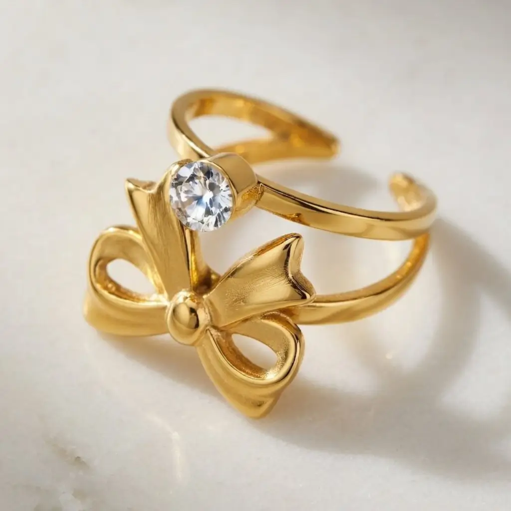 Gold Bow Ring with Crystal Stone